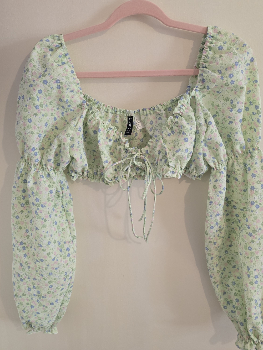 H&M Divided Dainty Floral Milkmaid Crop Top Sage Green Puff Sleeve Cottagecore S